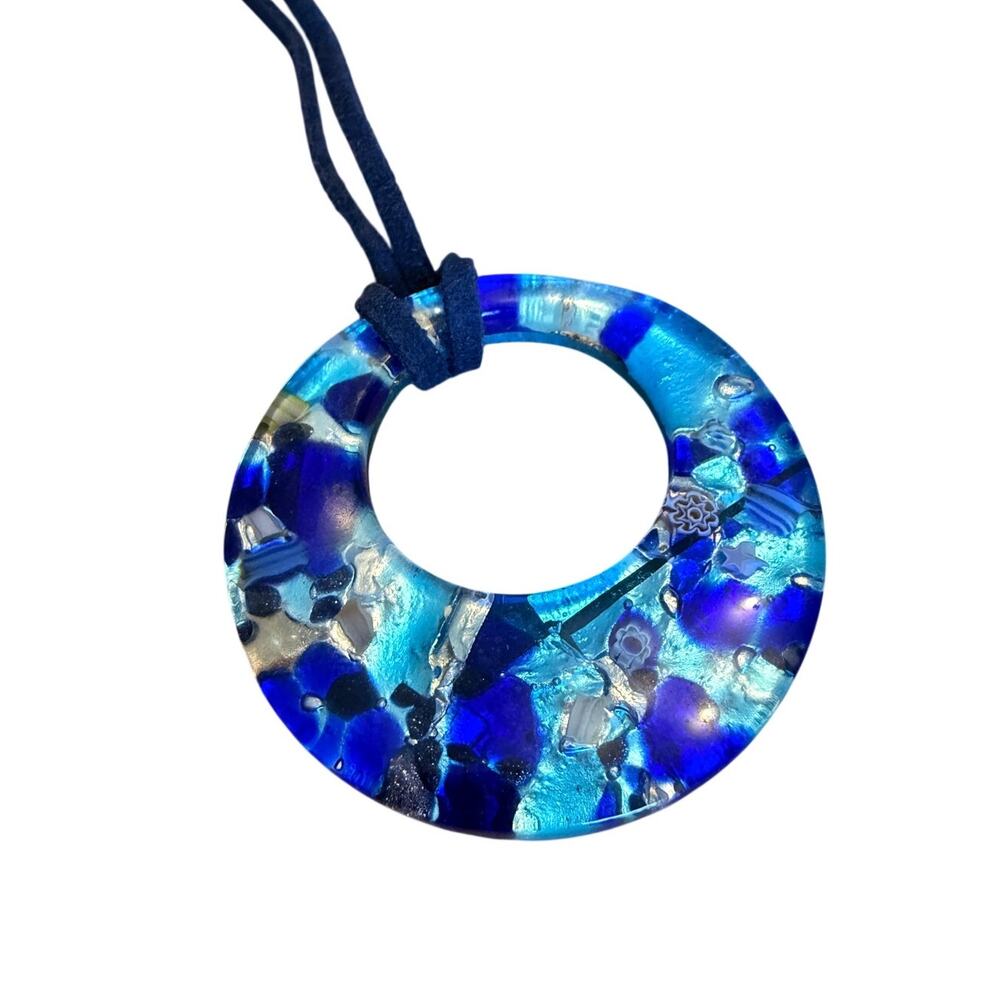 Blue Turquoise Art Glass Donut Pendant Necklace Cord Statement Jewelry